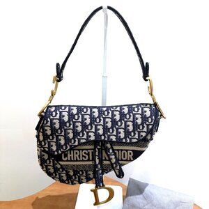 Christian Dior Oblique Embroidered Saddle Bag Blue Medium w/ Dust Bag